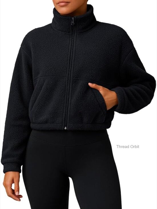 Jackets & Blazers - Cropped Fleece Sherpa Jacket, Zip Up, Long Sleeve, Winter Casual